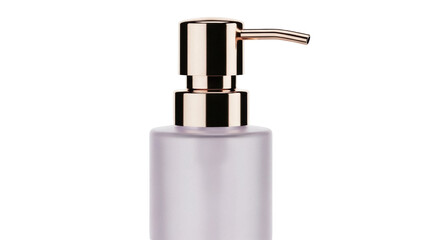 Elegant frosted glass soap dispenser with gold pump isolated PNG, luxurious bathroom accessory on transparent background