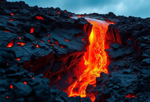 Molten lava spewing from a volcanic fissure, a torrent of incandescent rock cascading downwards, molten lava,  torrent