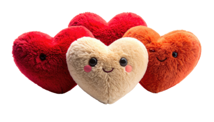 Several plush, heart-shaped toys with smiling faces, rendered in shades of red, beige, and orange, are arranged against a stark black background