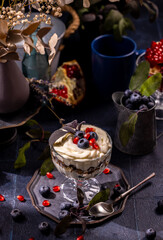 Layered dessert parfait with blueberries and pomegranate seeds