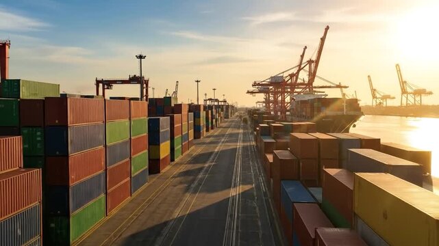 Shipping containers stacked neatly at commercial dockyard in warm sunlight.