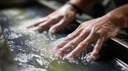 Closeup medium shot of flexographic plate cleaning process showing hands carefully scrubbing flexible plates to ensure precise ink removal.