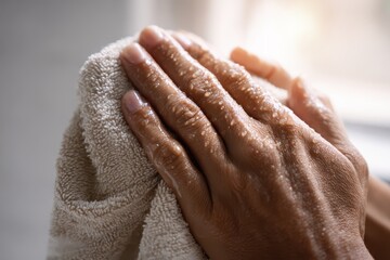 Fototapeta premium Close-up of hands drying with a soft cotton towel in a bright bathroom