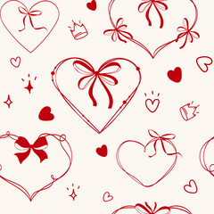 Seamless Heart Romantic pattern with hand drawn hearts, ribbons, bows, crowns, and sparkles for Valentines cards, wrapping paper, fabric design, invitations, or romantic branding. Vector illustration
