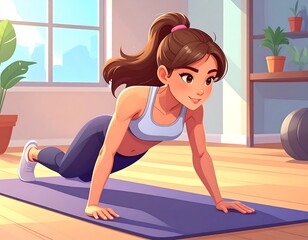 An illustration depicting a young woman performing a push-up on a purple mat inside a brightly lit room. A dumbbell rests nearby