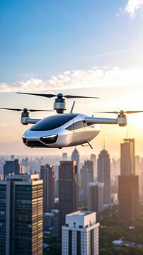 Autonomous air taxi prototype flying above a generic cityscape at sunset, demonstrating future urban air mobility.