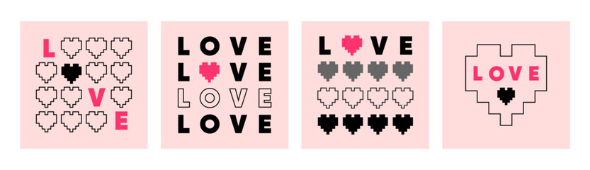 Minimal Love Heart Poster Set in Retro Graphic Style. Templates with stylized hearts and bold LOVE text for Valentines cards, social media graphics,print design, romantic branding. Vector illustration