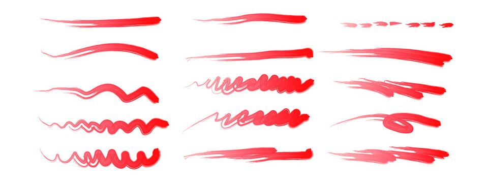  Hand drawn pen line highlight red set. Line red hand drawn pen marker stroke underline, arrow, check mark emphasis. Round oval, circle scribble frame, arrow elements . Vector illustration