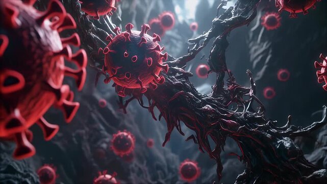 A dramatic 3D rendering of vivid red coronavirus particles in a dark, cavernous environment.