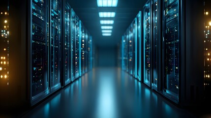 Futuristic Data Center Server Room with Blue and Orange Lights.