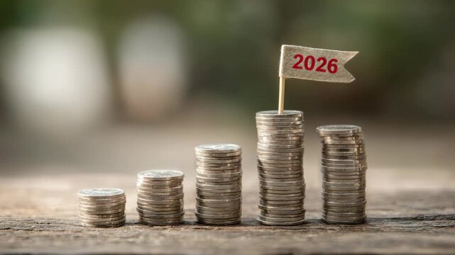 Stacks of coins arranged in ascending order with a 2026 flag on the tallest, natural blurred background, symbolizing financial future goals