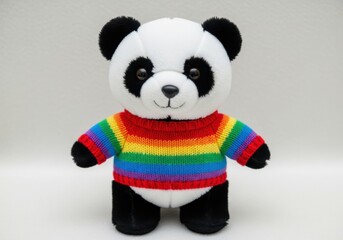 Stuffed panda toy wearing a brightly colored knitted sweater stands against a light background