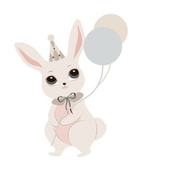 Obraz premium Bunny with air balloon vector design. Birthday party design. Cute animal for logo, emblem, pictogram, print, design element, greeting card. Sticker design. Happy Easter. Easter bunny. Event decoration