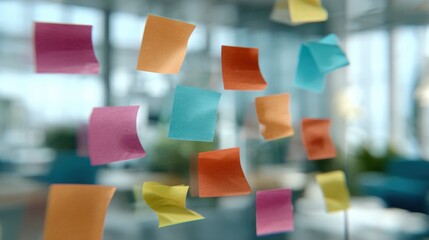 Colorful sticky notes on a glass panel in an office during the day