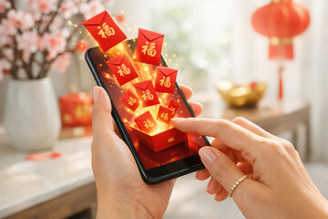 Celebratory red envelopes on smartphone exploding with gold coins for chinese new year festivities
