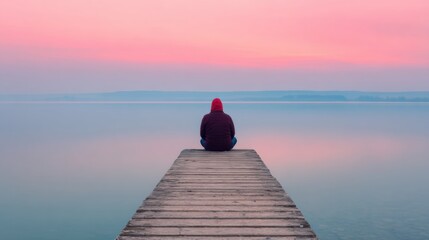 Person sits on a dock by a lake at sunrise with pink and blue sky