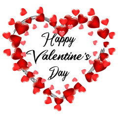 Happy Valentines Day background with red hearts and lettering. Template for Valentine s Day gift card. Isolated on white. Vector illustration.