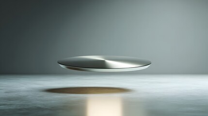 Futuristic Levitating Metallic Disc Object in Minimalist Studio Setting.