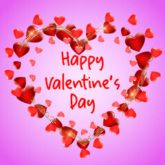Happy Valentines Day background with red hearts and lettering. Template for Valentine s Day gift card.