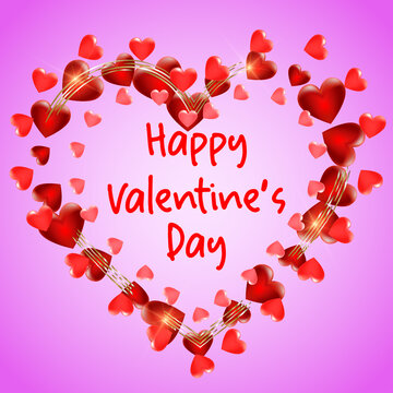 Happy Valentines Day background with red hearts and lettering. Template for Valentine s Day gift card.