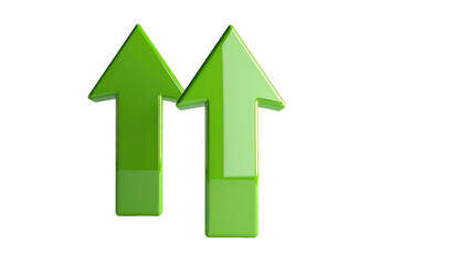 Fototapeta premium Two vibrant green arrows pointing upwards, rendered with a glossy, three-dimensional effect on a stark black background