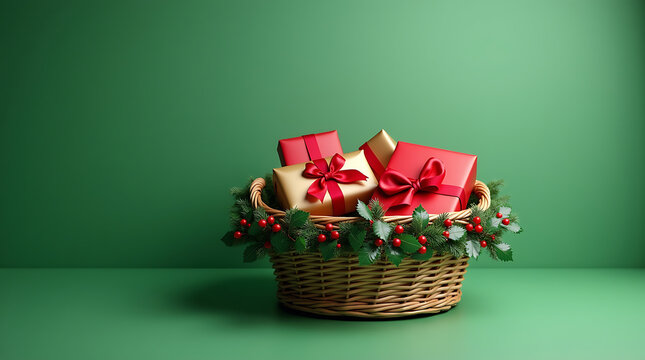 Cozy Christmas Hamper with Red Gift Boxes on Green Backdrop