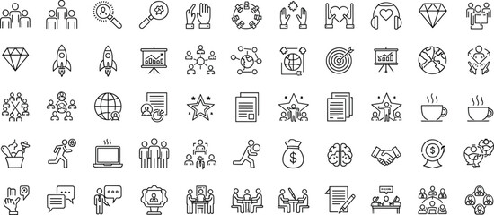 Teamwork, Business Strategy, and Leadership Line Icons, Minimal Vector Set for Goal Setting, Collaboration, Meeting, Success, and Management.