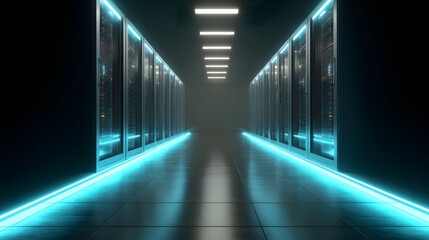 Futuristic Server Room with Blue Neon Lights and Rows of Racks.