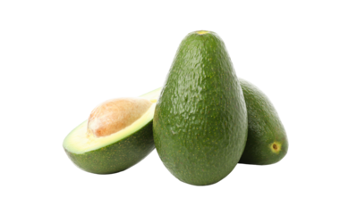 Three avocados with one cut open displaying the inner fruit against a white background