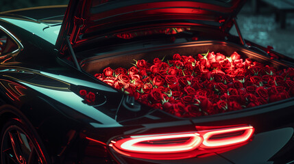 Luxury sports car with open trunk filled with vibrant red roses, illuminated by soft lighting, creating a romantic atmosphere for visual storytelling and creative concepts, valentine's day concept