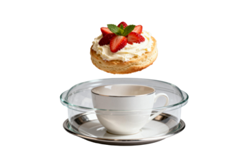 [Transparent Background PNG]Tea Cup with Pastry and Strawberry Garnish