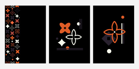 Modern Abstract Cards Poster Cover Templates with Geometric Shapes. abstract geometric designs orange elements on black background, for branding, invitations, packaging. Vector illustration