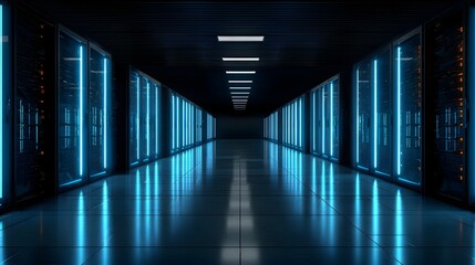 Futuristic Server Room with Blue Neon Lights and Rows of Racks.