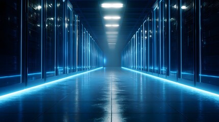 Futuristic Server Room with Blue Neon Lights and Rows of Racks.