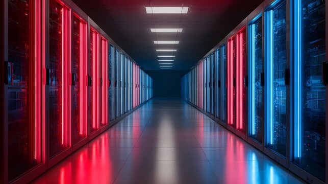 Futuristic Server Room Corridor with Red and Blue Neon Lights. - Powered by Adobe
