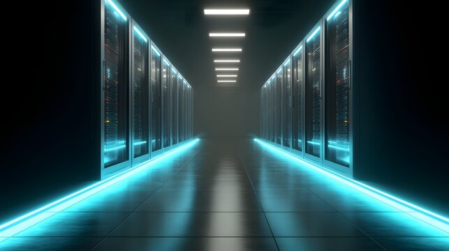 Futuristic Server Room with Blue Neon Lights and Rows of Racks. - Powered by Adobe