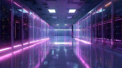 Futuristic Server Room with Neon Purple and Blue Lights.