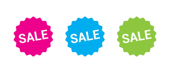 Colorful Sale Badge Stickers Set. Pink Blue Green Discount Labels Isolated on Transparent Background
