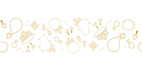 Seamless Gold Jewelry Border Pattern with rings, earrings, pendants, tiaras, and gemstones on a white background, for packaging, fabric prints, invitations, or branding designs. Vector illustration