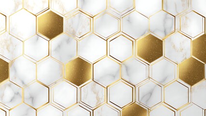Elegant Geometric Hexagon Pattern with Gold Accents on Marble Background