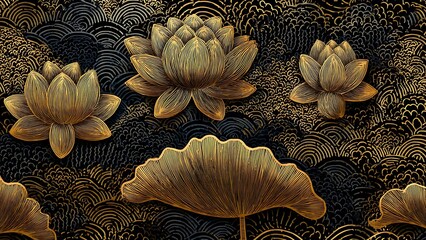 Luxurious Asian Inspired Golden Lotus Pattern with Elegant Black Background