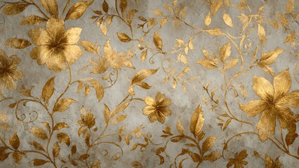 Vintage Floral Botanical Pattern with Gold Metallic Accents on a Textured Background