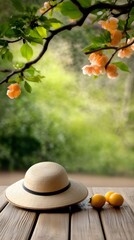 Vertical Father's Day greetings background featuring peasant straw hat and fresh fruit on wood