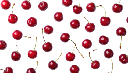 A vibrant, overhead shot showcasing several bright, red cherries scattered across a stark black background. Stems varying in length