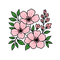 Hand drawn Style Detailed Cherry Blossom Flower Arrangement Isolated Illustration
