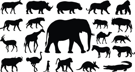African wildlife silhouette vector set, safari animal icons, nature species graphics, flat cad drawing, editable outline, isolated illustration