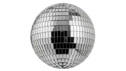 Shiny disco ball isolated PNG on transparent background, mirror ball with reflective tiles for party decoration and entertainment