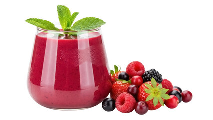 Berry smoothie in glass isolated PNG, refreshing drink with raspberries, strawberries, blackberries, and mint on transparent background