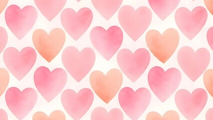 Watercolor seamless pattern with soft blended hearts in pink and peach tones, dreamy textures, repeating tile perfect for wrapping paper or wallpaper