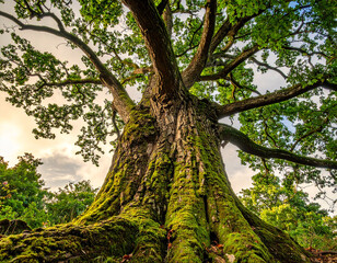 Fototapeta premium Massive ancient oak tree with thick mossy trunk and spreading branches against sky bark
